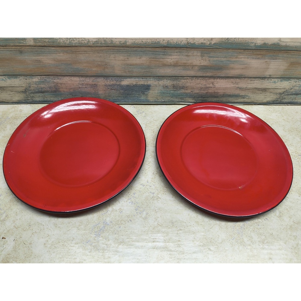 Vintage Enamelware Metal Dinner Plates Yellow Set Of 2 Black Rim Butterfly Brand